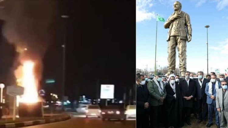 Iran / Resistance Units burn statue of Qassem Soleimani in Shahrekord hours after installation