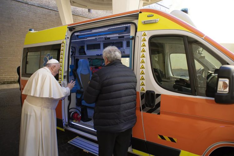 Pope Francis blesses the ambulance and launches it in Lviv, Ukraine