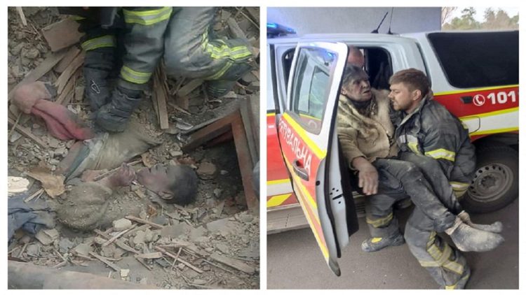 Covered with dust and debris, a woman is pulled alive from the rubble in Ukraine