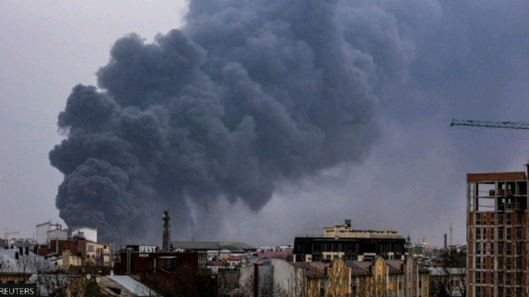 Black smoke and flames, explosions in Lviv
