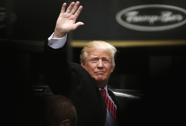 Mandatory Credit: Photo by Julio Cortez/AP/REX/Shutterstock (5969743b)
Donald Trump Republican presidential candidate Donald Trump acknowledges supporters while leaving Trump Tower in New York. Trump, Hillary Clinton and Bernie Sanders are all boasting about their New York City credentials
Campaign 2016 New Yorker Scorecard, New York, USA